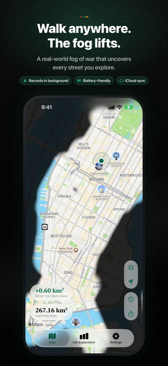 FogMap map with the fog lifted along the streets you walked