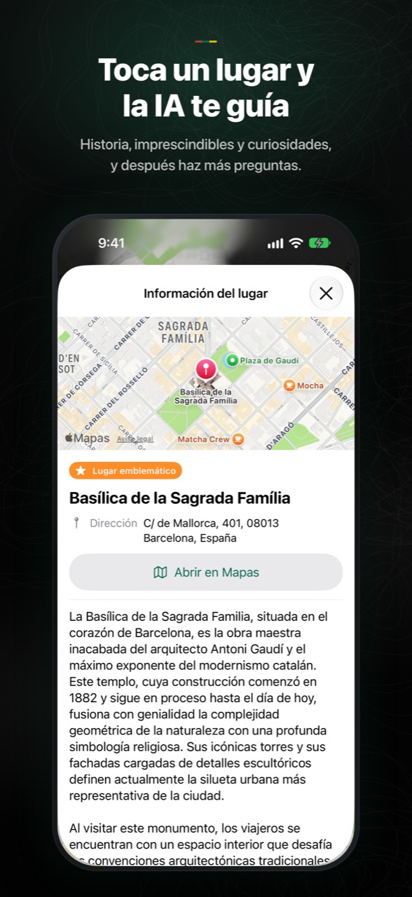 Guía con IA presentando un monumento