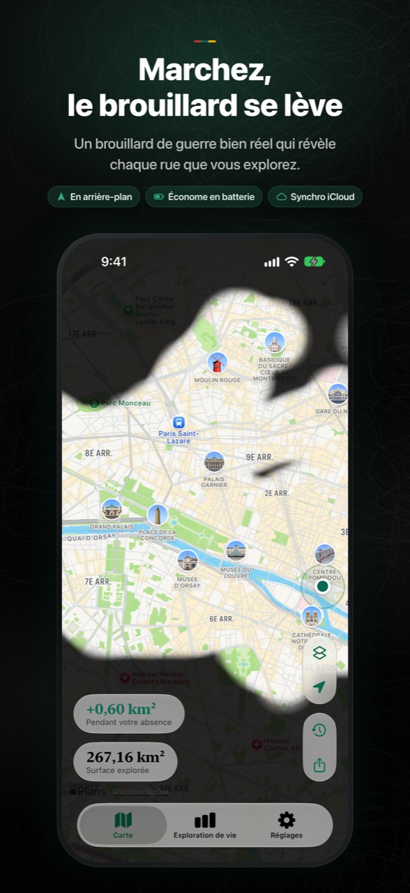 Carte FogMap où le brouillard s'est levé le long des rues parcourues